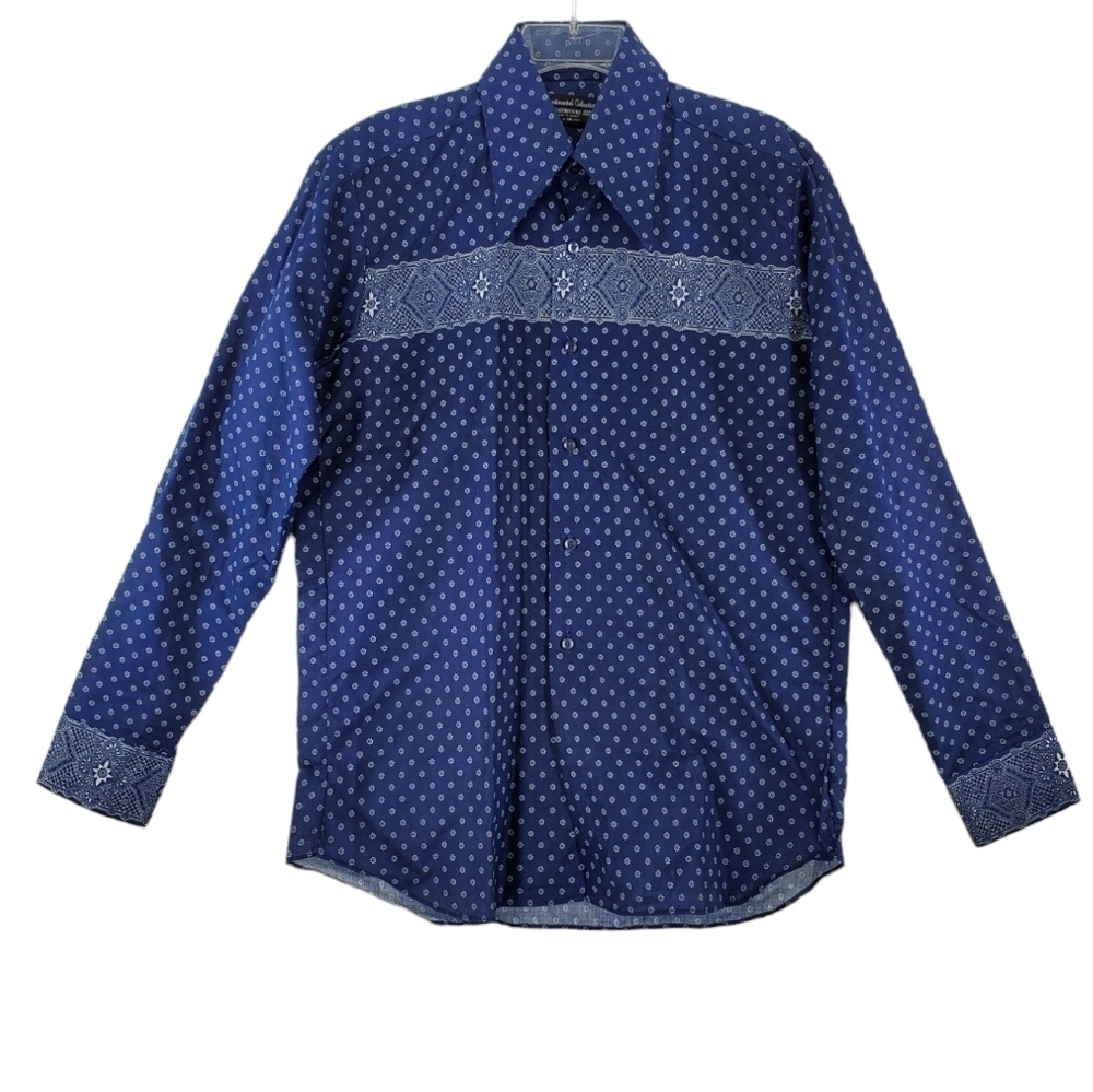 Vtg Continental Collection Shirt Mens M 15 15.5 Blue White Western Button Up L/S